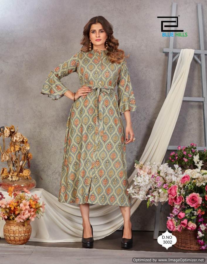 Blue Hills Belt 3 Fancy Party Wear Printed Rayon Designer Long Kurti Collection